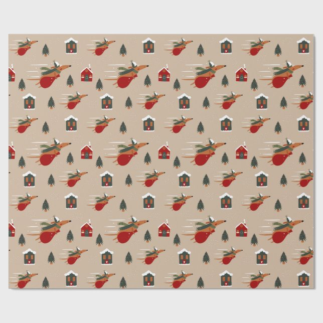 Flying Dachshund Christmas Pattern Wrapping Paper (Flat)