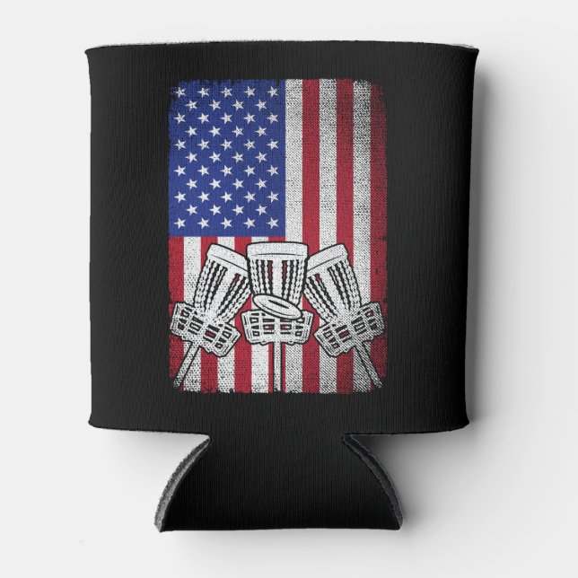 Flying Disc Golf Lover Men Women American Flag  Can Cooler (Front)