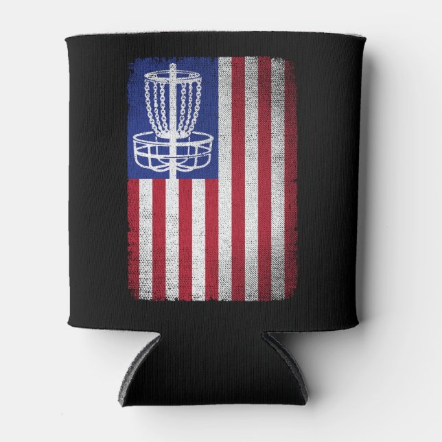 Flying Disc Golf Lover Men Women American Flag  Can Cooler (Front)