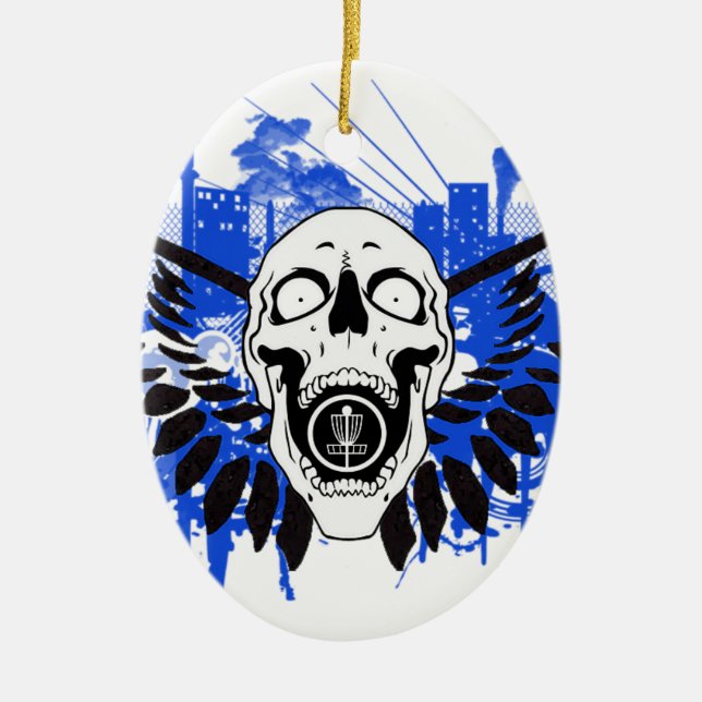 Flying Disc Golf Skull Ceramic Tree Decoration (Front)