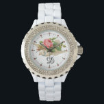 FLYING DOVE WITH PINK ROSE MONOGRAM WATCH<br><div class="desc">Beautiful pink red rose with a white dove for romantic weddings and Valentine's Day... Elegant cool vintage style floral design</div>