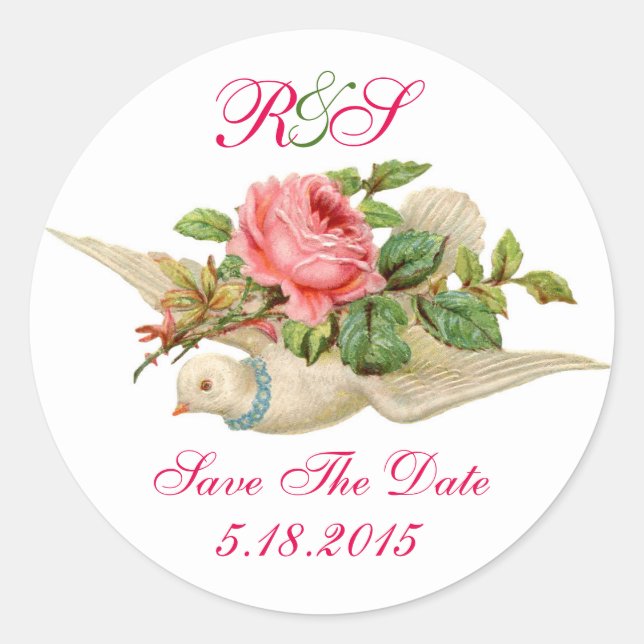 FLYING DOVE WITH PINK ROSE SAVE THE DATE MONOGRAM CLASSIC ROUND STICKER (Front)