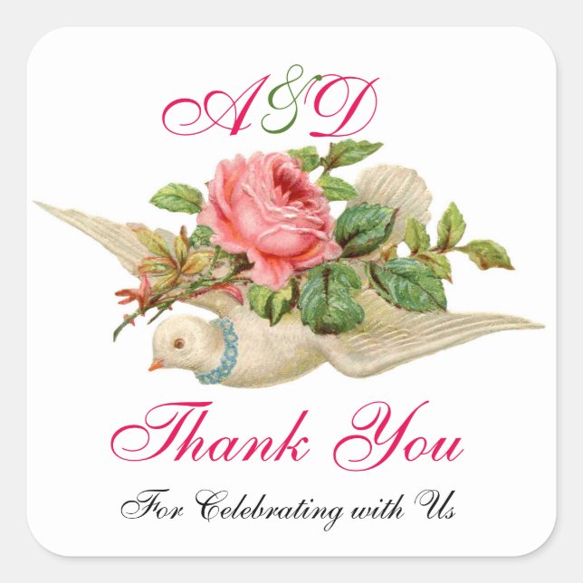 FLYING DOVE WITH PINK ROSE Thank You Monogram Square Sticker (Front)