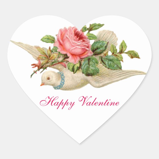 FLYING DOVE WITH PINK ROSE VALENTINE'S DAY HEART STICKER (Front)