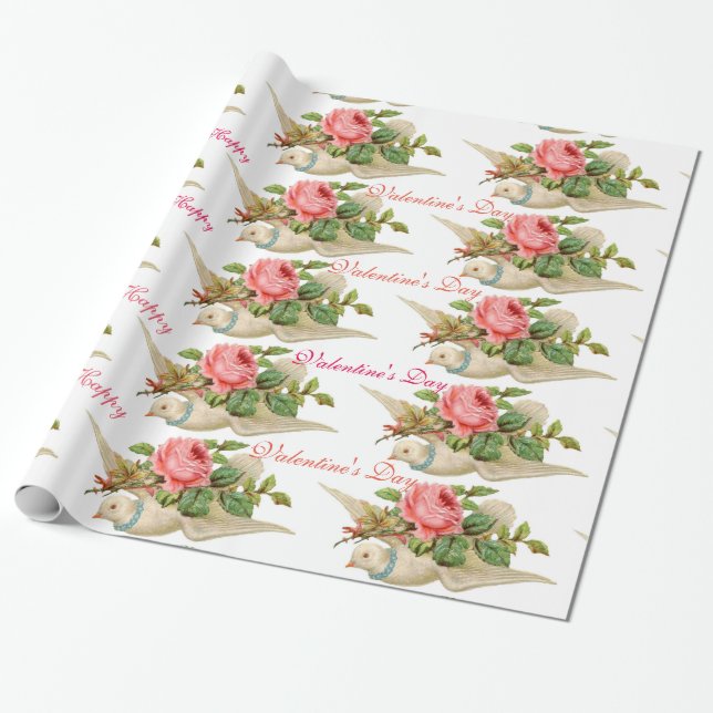 FLYING DOVE WITH PINK ROSE VALENTINE'S DAY WRAPPING PAPER (Unrolled)
