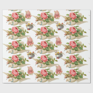FLYING DOVE WITH PINK ROSES AND FLORAL EASTER EGGS WRAPPING PAPER