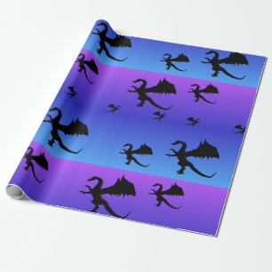 Flying Dragon Silhouette Purple Blue Wrapping Paper