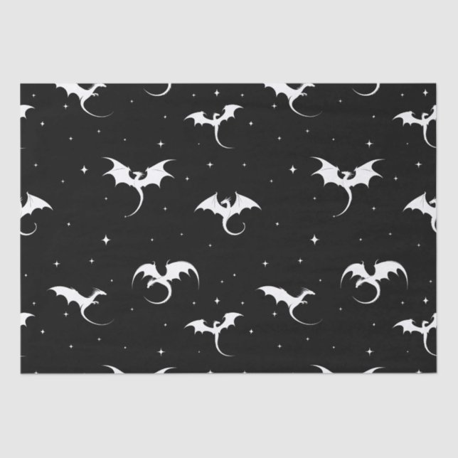Flying dragons and stars on black background tissue paper (Front)