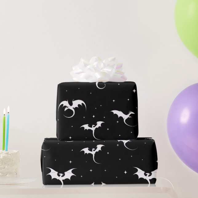 Flying dragons and stars on black background wrapping paper (Party Gifts)