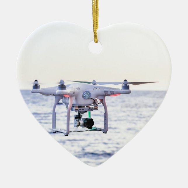 Flying drone at coast above sea ceramic tree decoration (Front)