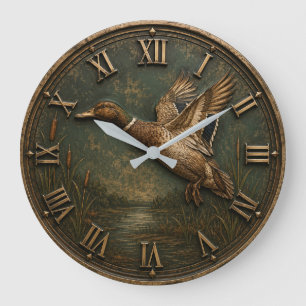 Flying Duck Rustic Waterfowl Hunting Cabin Decor Large Clock