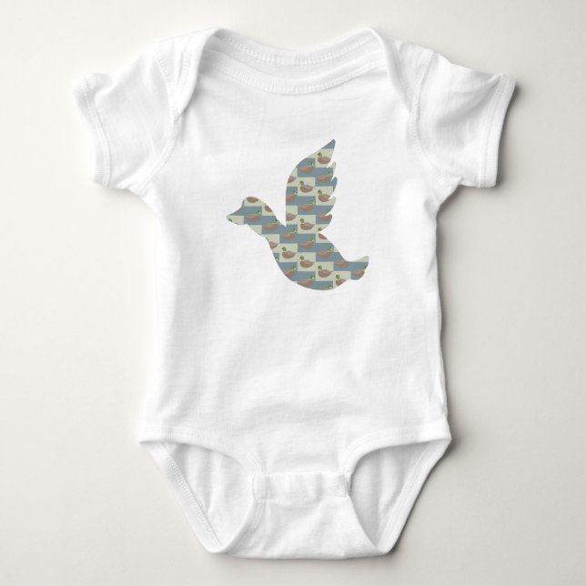 Flying Duck with Mallard Duck Diagonal Pattern Baby Bodysuit (Front)