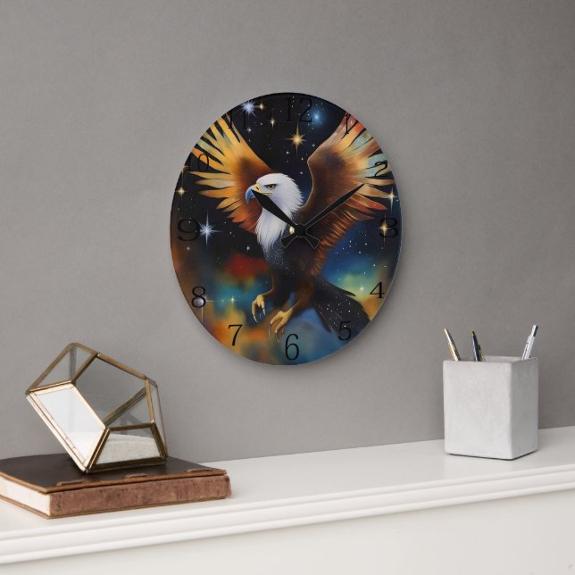 Flying Eagle Colorful Cosmic Art, Large Clock (Office)