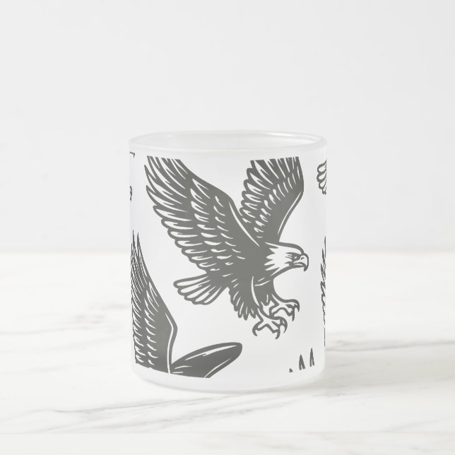 Flying Eagle Pattern – Bold Black and White Bird  Frosted Glass Coffee Mug (Center)