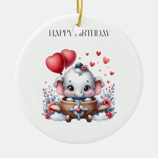 Flying Elephant Birthday Ceramic Tree Decoration (Front)