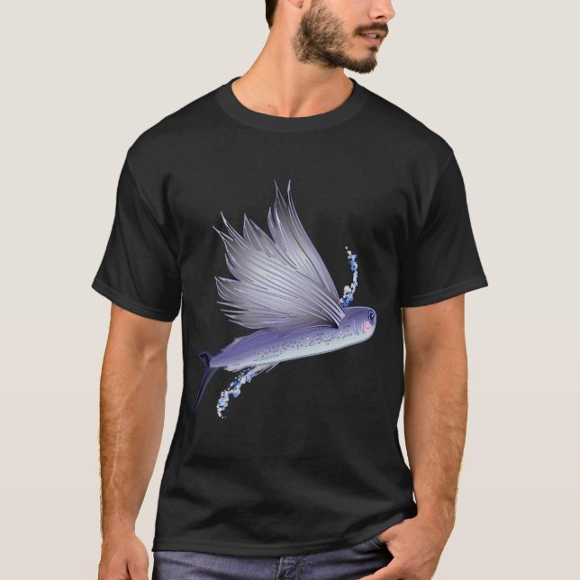 Flying Fish With Bubbles Line Art Design T-Shirt (Front)