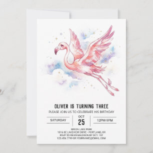 Flying Flamingo Watercolor Birthday Invitation