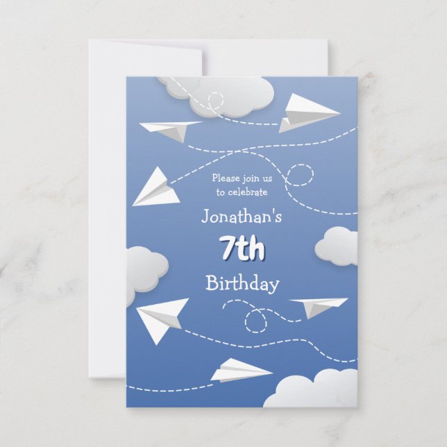 flying folded paper aeroplanes childrens birthday announcement (Front)
