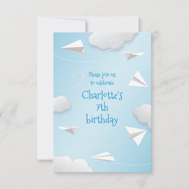 flying folded paper aeroplanes girls birthday announcement (Front)
