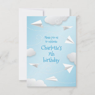 flying folded paper aeroplanes girls birthday announcement