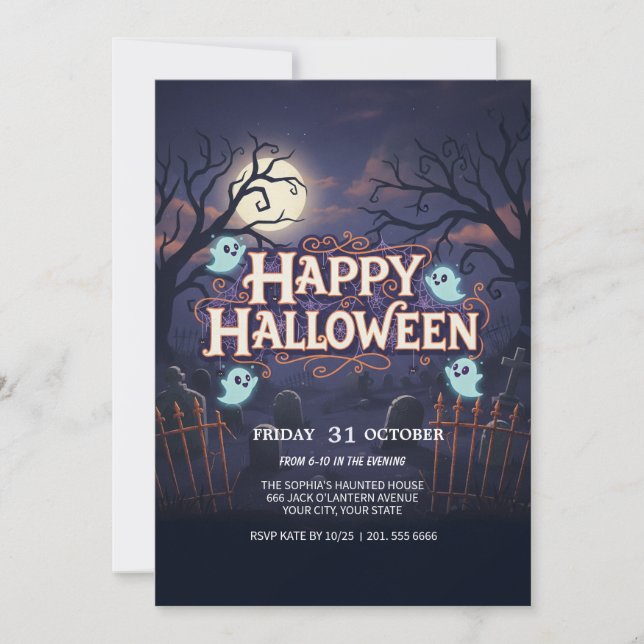Flying Ghost on Broom Spooky Party Card (Front)