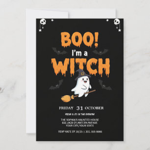 Flying Ghost on Broom Spooky Party Card