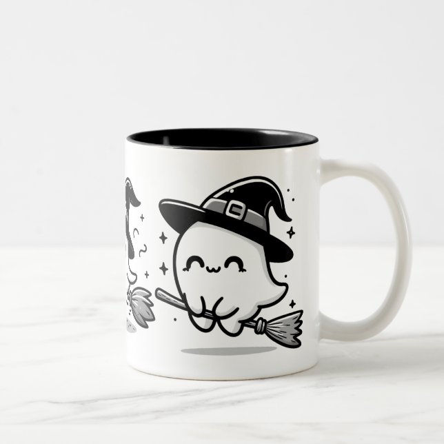Flying Ghost Witch on Broom Halloween Mug | Double (Right)