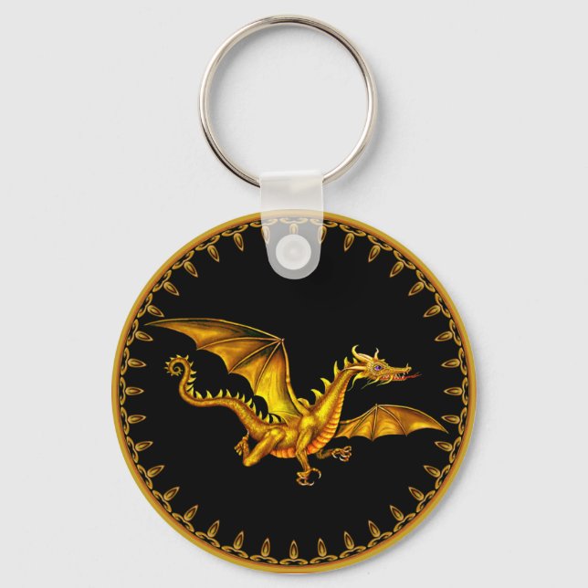 flying gold dragon on black key ring (Front)