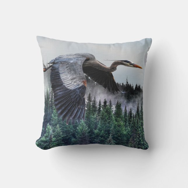 Flying Great Blue Heron & Misty Forest Wildlife Cushion (Front)