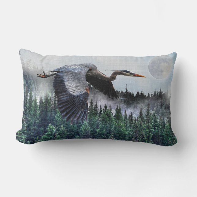 Flying Great Blue Heron & Misty Forest Wildlife Lumbar Cushion (Front)