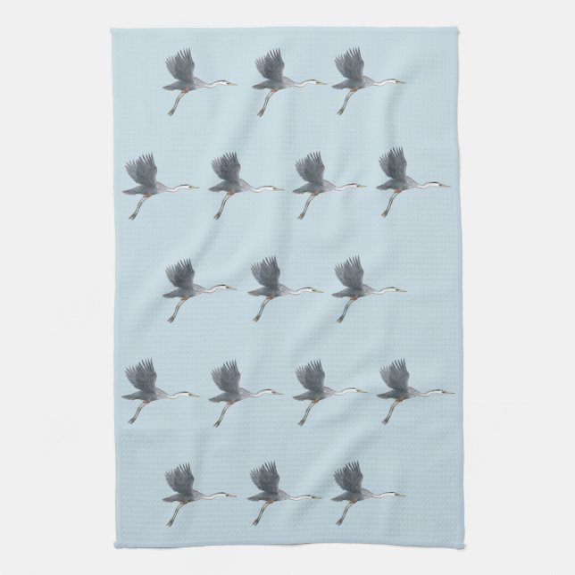Flying Great Blue Heron Pattern Tea Towel (Vertical)