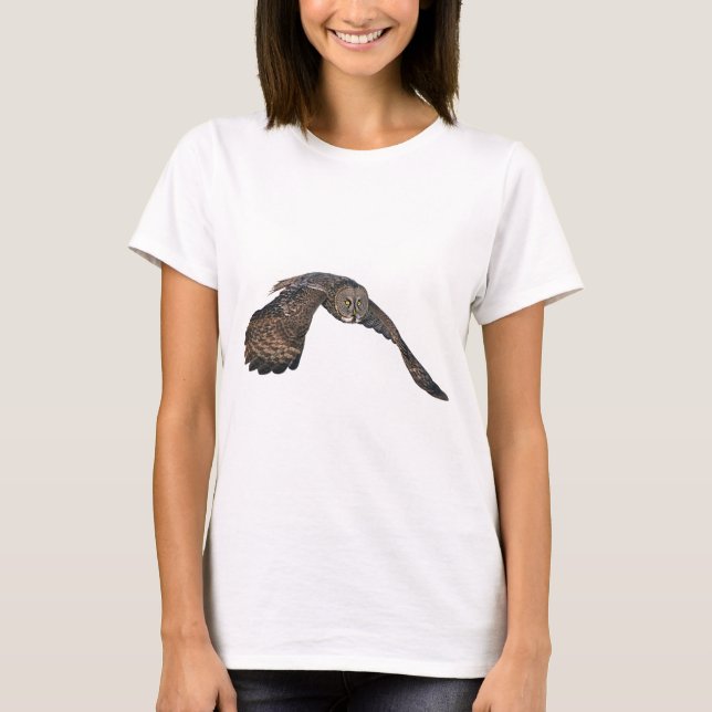 Flying Great Grey Owl Raptor Wildlife Photo T-Shirt (Front)