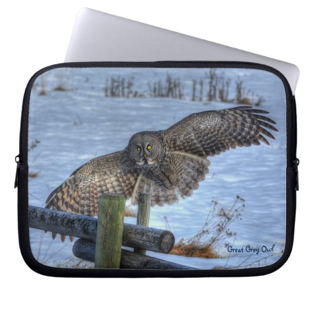 Flying Great Grey Owl Raptor Winter Wildlife Photo Laptop Sleeve (Front)