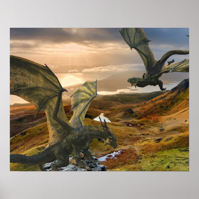 Flying Green Dragon Fantasy Mountains Poster (Front)