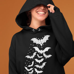 Flying Halloween Galaxy White Bats and Stars Hoodie
