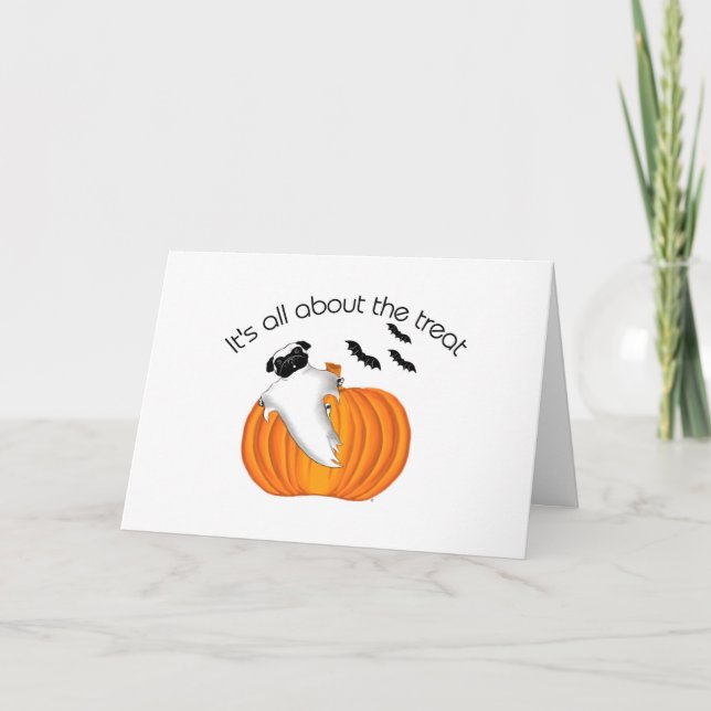 Flying Halloween Pug Ghost Funny Saying Pumpkin Card (Front)