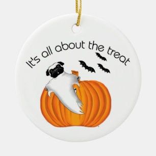 Flying Halloween Pug Ghost Funny Saying Pumpkin Ceramic Tree Decoration