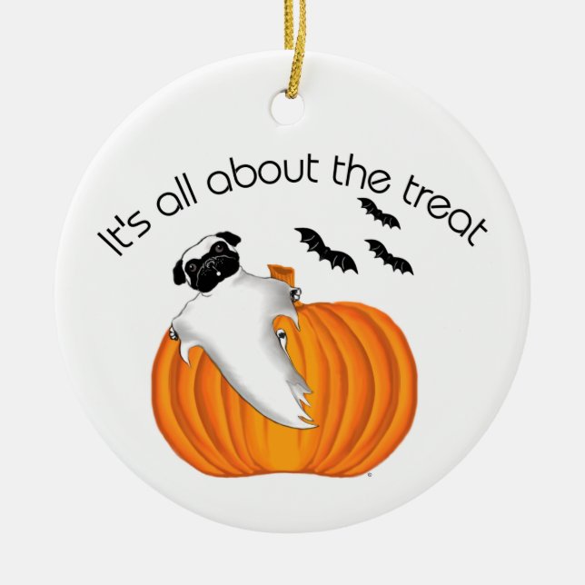 Flying Halloween Pug Ghost Funny Saying Pumpkin Ceramic Tree Decoration (Front)