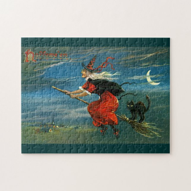 Flying Halloween Witch with Cat Jigsaw Puzzle (Horizontal)