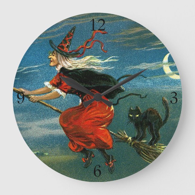 Flying Halloween Witch with Cat Large Clock (Front)