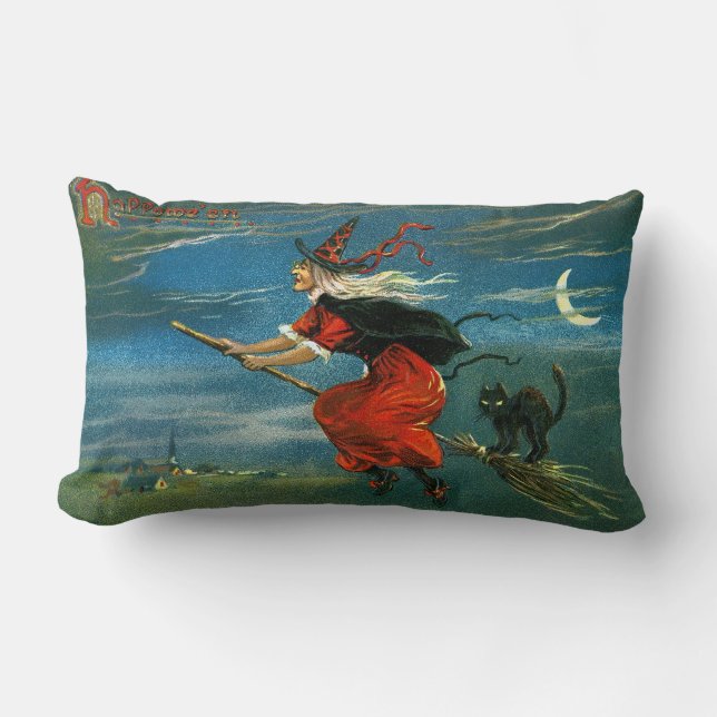 Flying Halloween Witch with Cat Lumbar Cushion (Front)