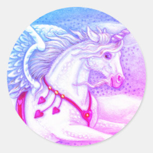 FLYING HEARTS WHITE UNICORN, FANTASY PEGASUS CLASSIC ROUND STICKER
