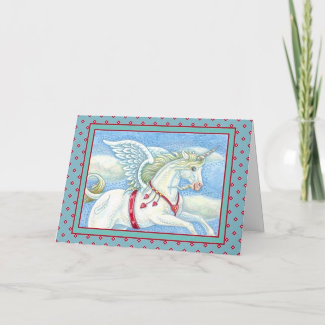 FLYING HEARTS WHITE UNICORN, FANTASY PEGASUS HOLIDAY CARD (Front)