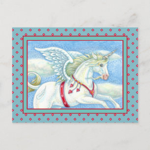 FLYING HEARTS WHITE UNICORN, FANTASY PEGASUS HOLIDAY POSTCARD