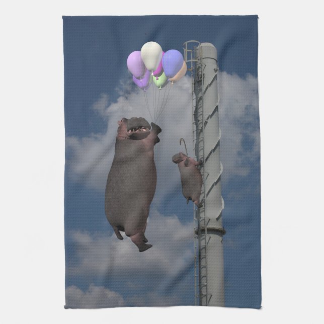 Flying Hippopotamus Tea Towel (Vertical)