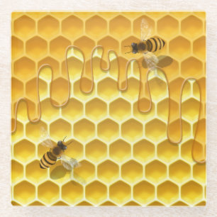 Flying Honeybees on Golden Honeycomb Customisable Glass Coaster
