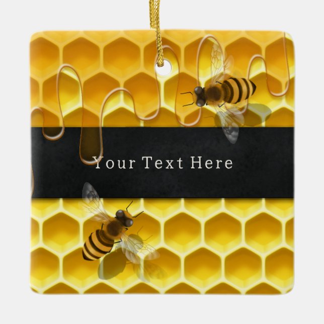 Flying Honeybees over Yellow Honeycomb Custom Ceramic Ornament (Front)