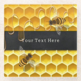 Flying Honeybees over Yellow Honeycomb Custom Glass Coaster