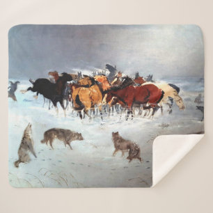 Flying Hoofs Wolf Pack Attacking Horses Rustic Dog Sherpa Blanket