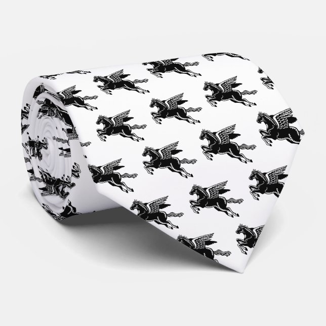 Flying Horse - Black and White on white Tie (Rolled)